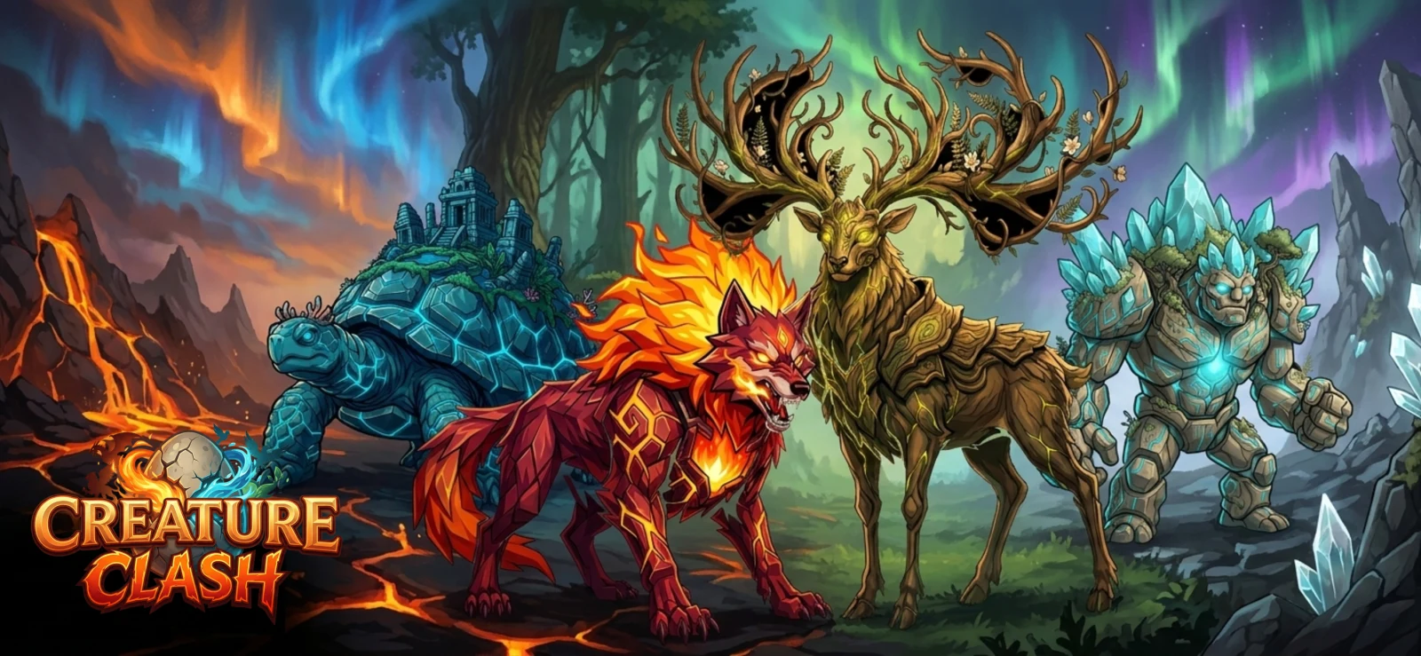 Creature Clash elemental creatures beneath a colorful aurora
