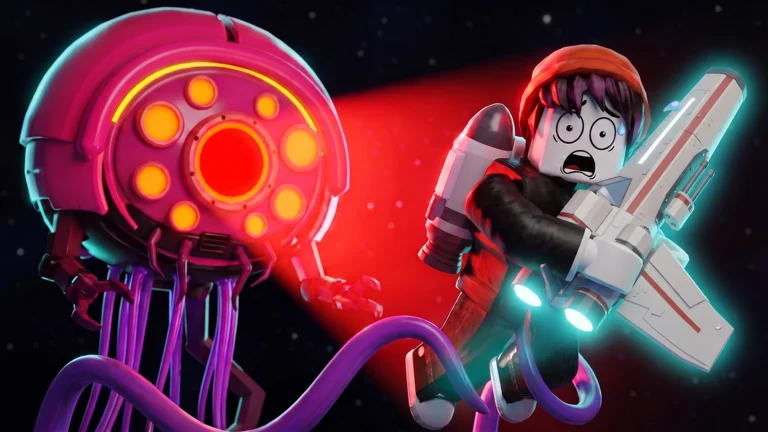 A Roblox space pirate escaping a Sentinel with a stolen spaceship